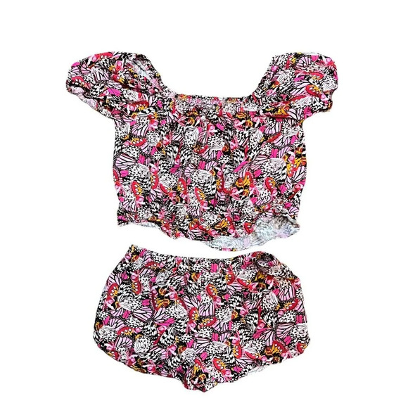 Vince Camuto Girls Outfit Set Size 8 Butterfly Wings Pattern Shorts Blouse Pink - Picture 2 of 7